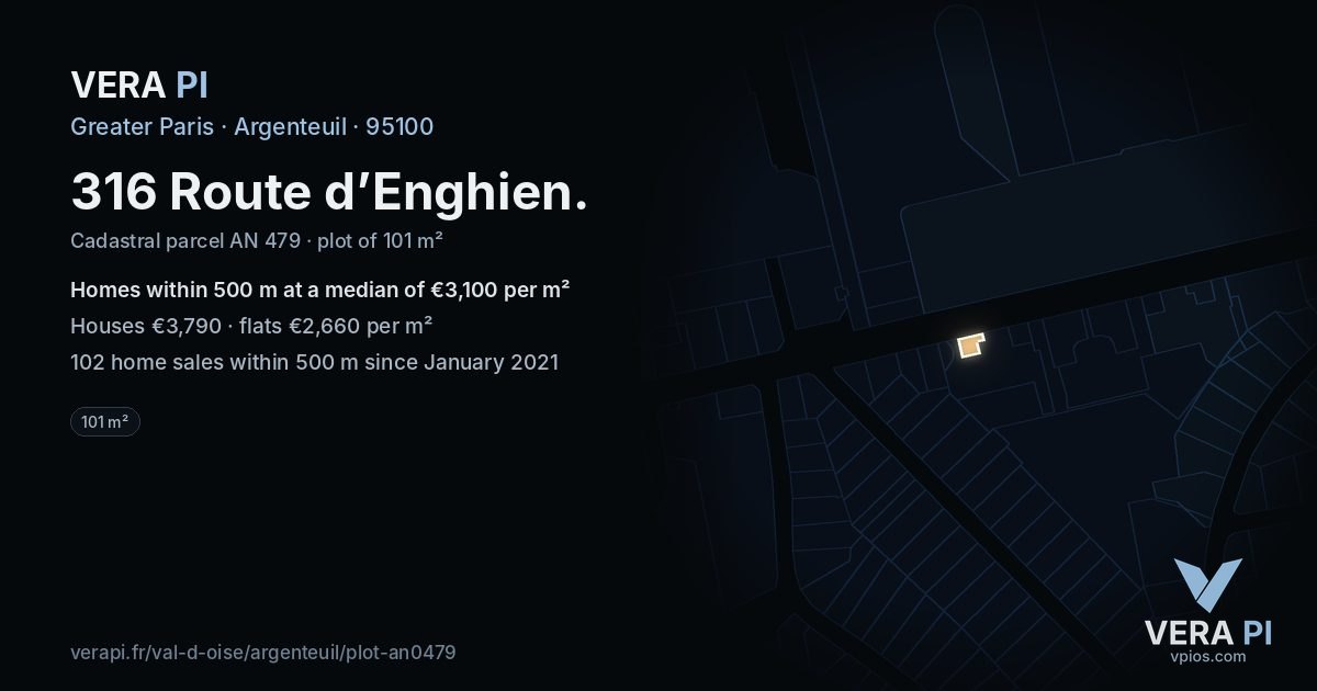 316 Route d’Enghien, Argenteuil at night – the plot lit, the parcels around coloured by the prices near them