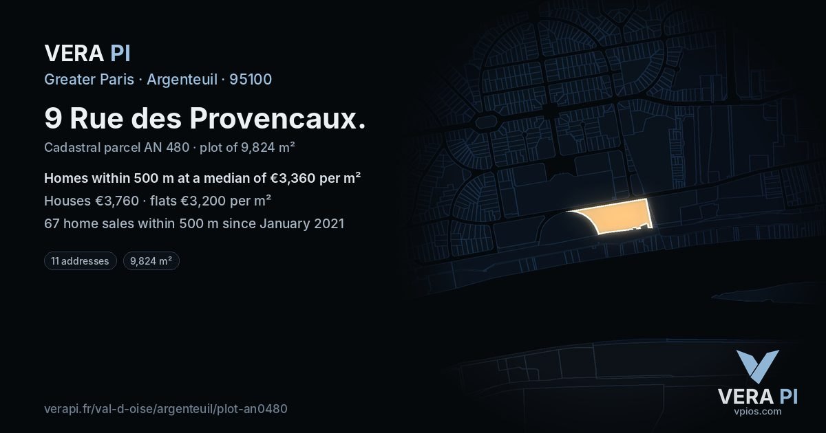 9 Rue des Provencaux, Argenteuil at night – the plot lit, the parcels around coloured by the prices near them