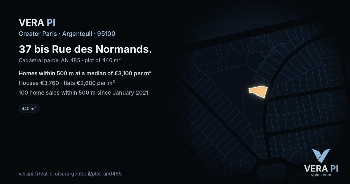 37 bis Rue des Normands, Argenteuil at night – the plot lit, the parcels around coloured by the prices near them