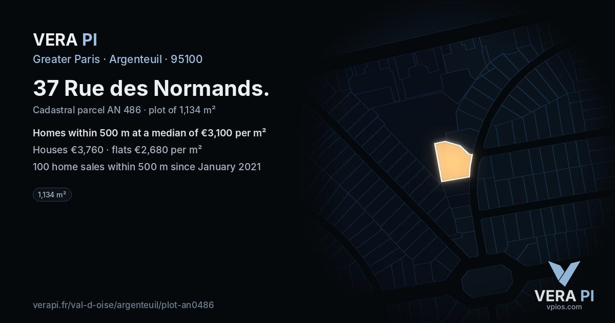37 Rue des Normands, Argenteuil at night – the plot lit, the parcels around coloured by the prices near them