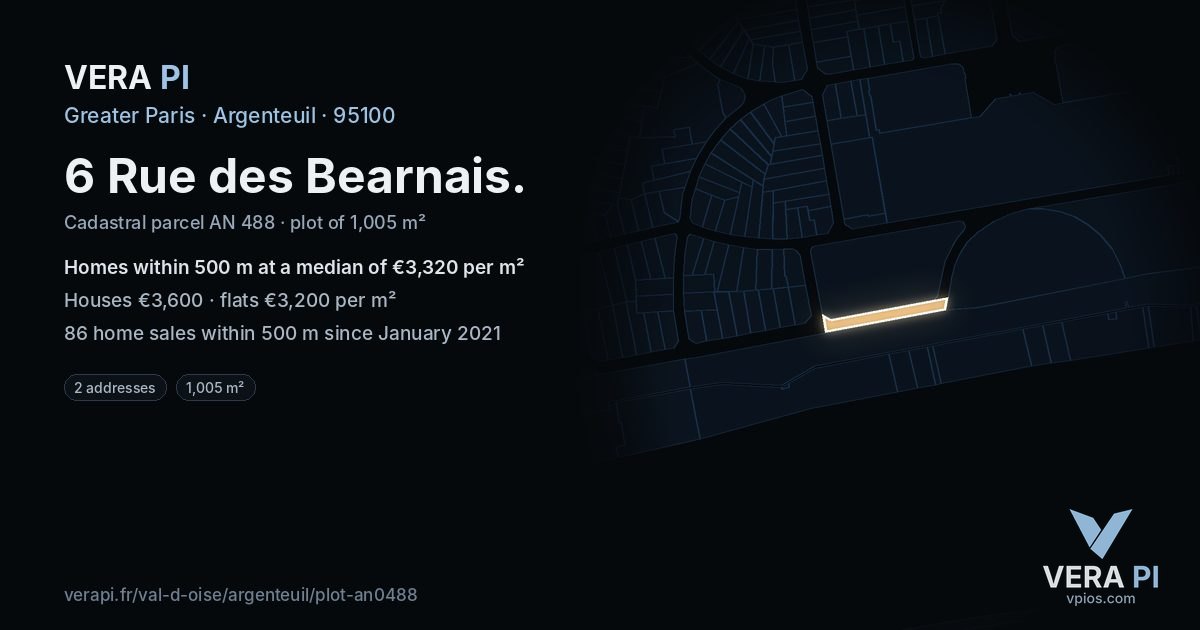 6 Rue des Bearnais, Argenteuil at night – the plot lit, the parcels around coloured by the prices near them
