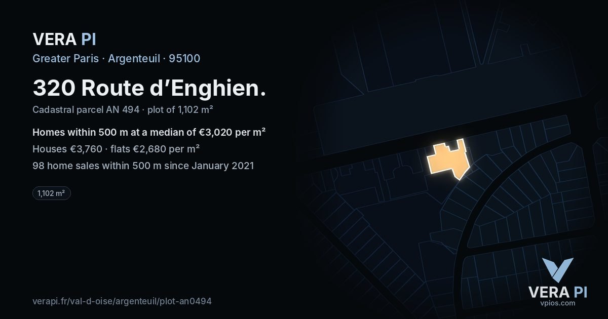 320 Route d’Enghien, Argenteuil at night – the plot lit, the parcels around coloured by the prices near them