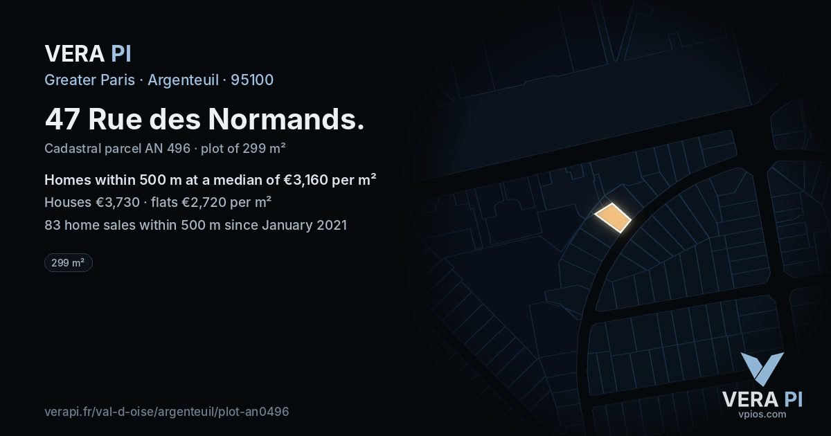 47 Rue des Normands, Argenteuil at night – the plot lit, the parcels around coloured by the prices near them