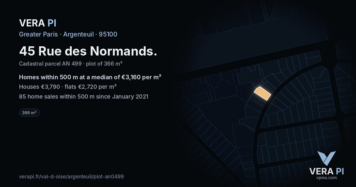 45 Rue des Normands, Argenteuil at night – the plot lit, the parcels around coloured by the prices near them