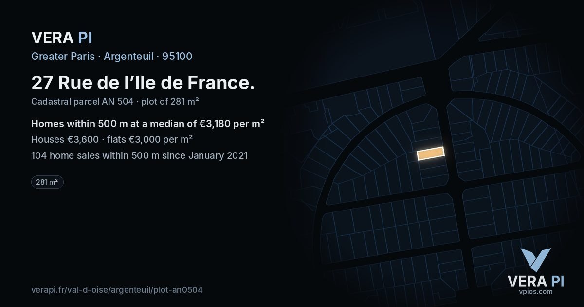 27 Rue de l’Ile de France, Argenteuil at night – the plot lit, the parcels around coloured by the prices near them