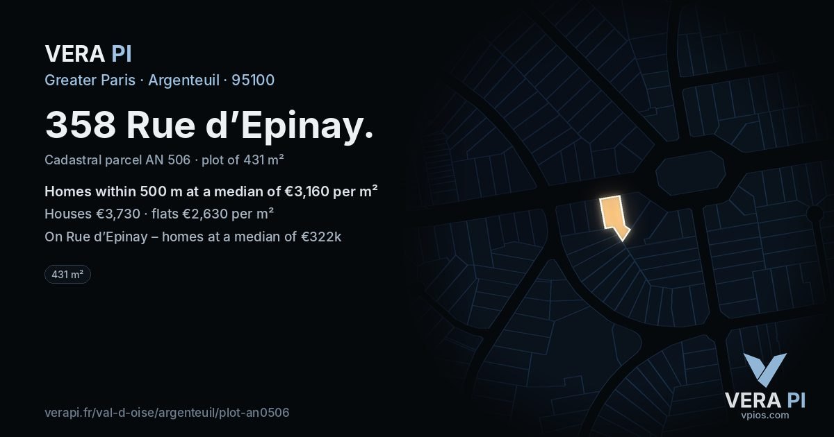 358 Rue d’Epinay, Argenteuil at night – the plot lit, the parcels around coloured by the prices near them