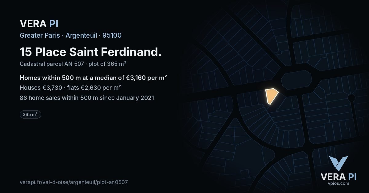 15 Place Saint Ferdinand, Argenteuil at night – the plot lit, the parcels around coloured by the prices near them