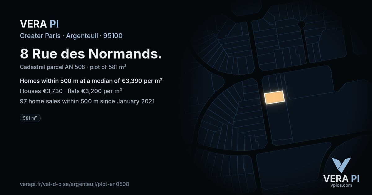 8 Rue des Normands, Argenteuil at night – the plot lit, the parcels around coloured by the prices near them