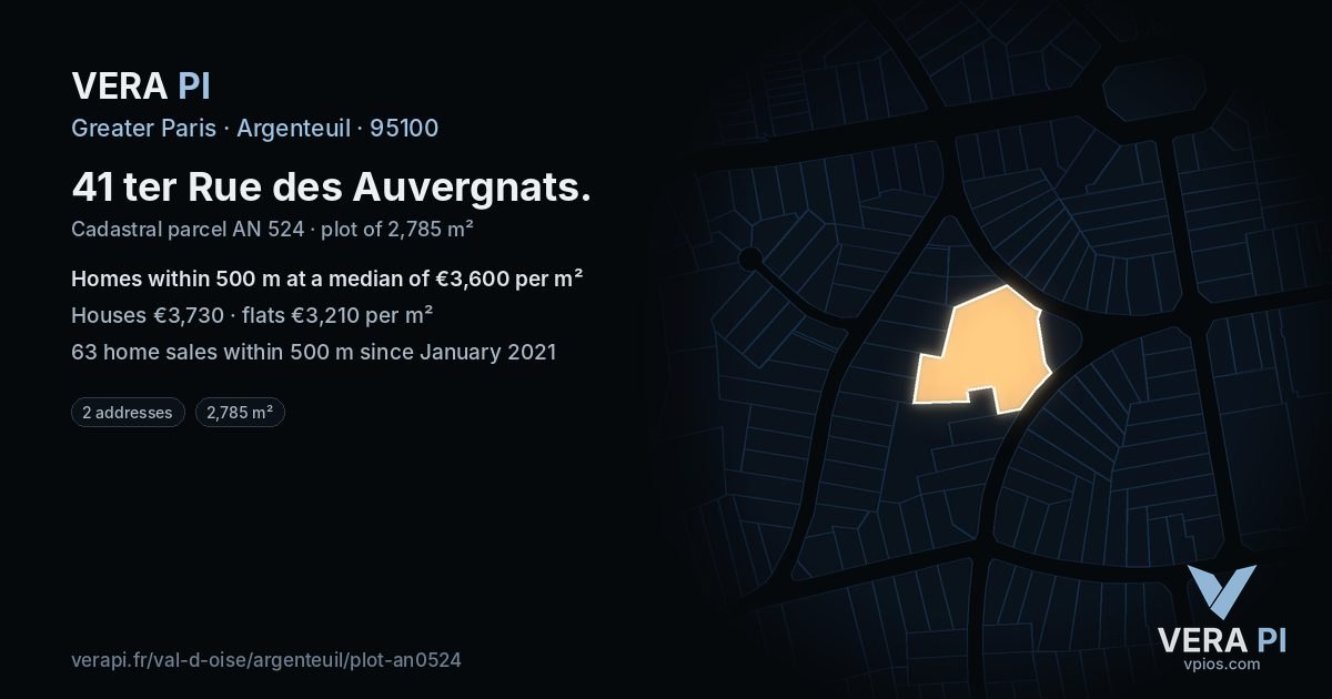 41 ter Rue des Auvergnats, Argenteuil at night – the plot lit, the parcels around coloured by the prices near them