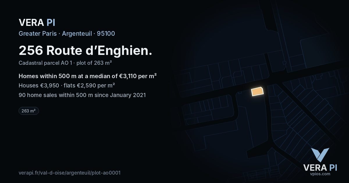 256 Route d’Enghien, Argenteuil at night – the plot lit, the parcels around coloured by the prices near them