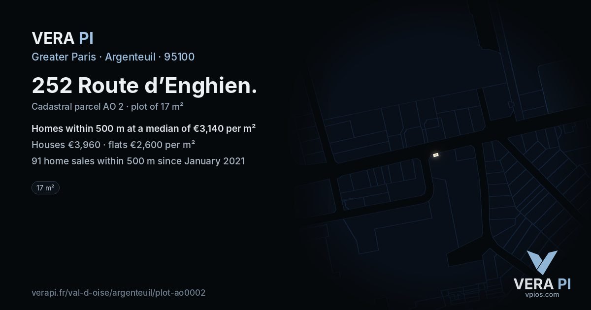 252 Route d’Enghien, Argenteuil at night – the plot lit, the parcels around coloured by the prices near them