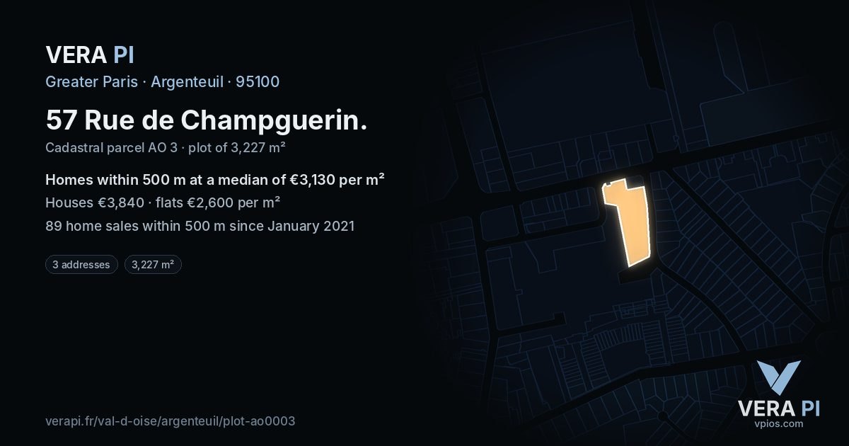 57 Rue de Champguerin, Argenteuil at night – the plot lit, the parcels around coloured by the prices near them