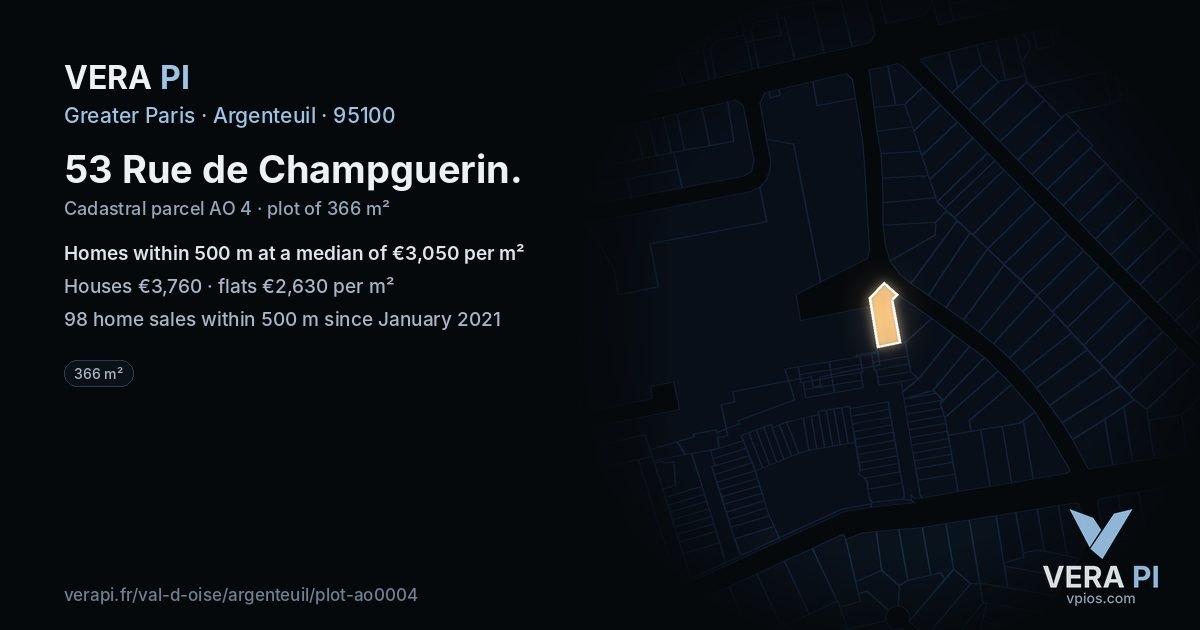 53 Rue de Champguerin, Argenteuil at night – the plot lit, the parcels around coloured by the prices near them