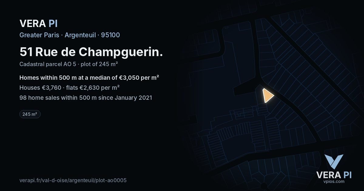51 Rue de Champguerin, Argenteuil at night – the plot lit, the parcels around coloured by the prices near them