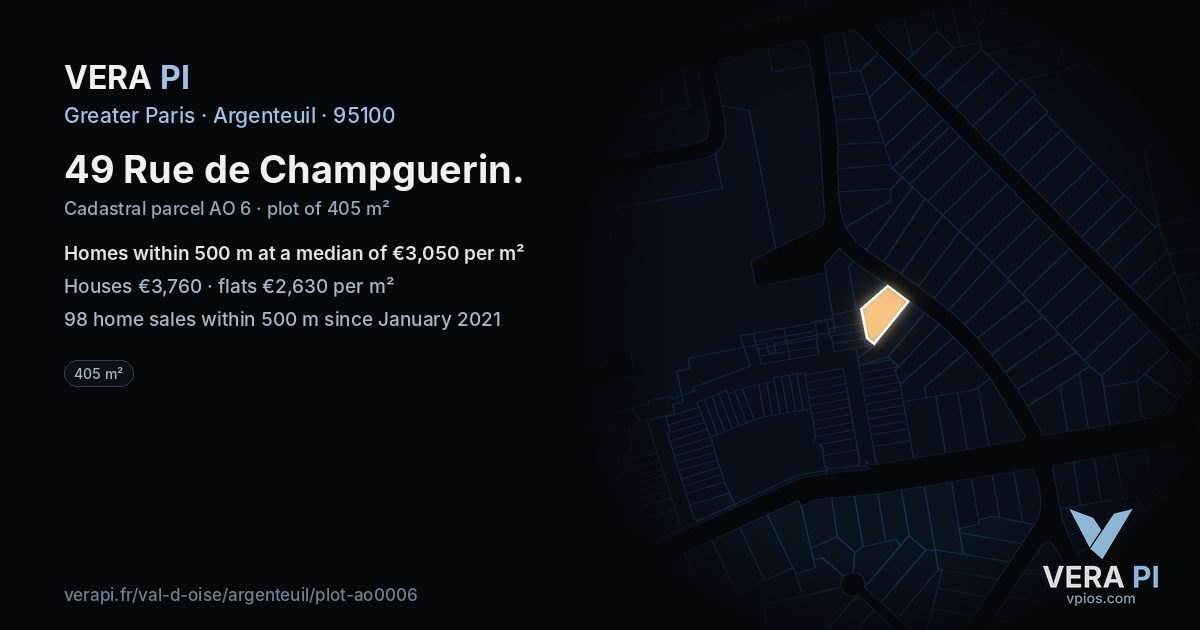 49 Rue de Champguerin, Argenteuil at night – the plot lit, the parcels around coloured by the prices near them