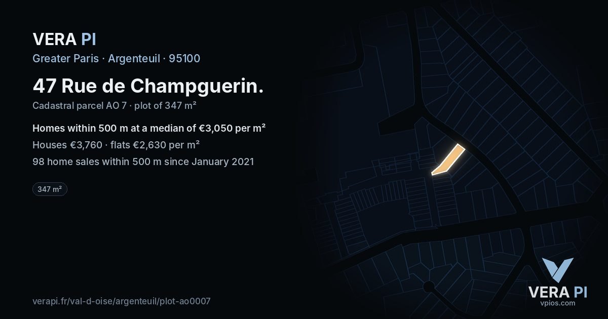 47 Rue de Champguerin, Argenteuil at night – the plot lit, the parcels around coloured by the prices near them