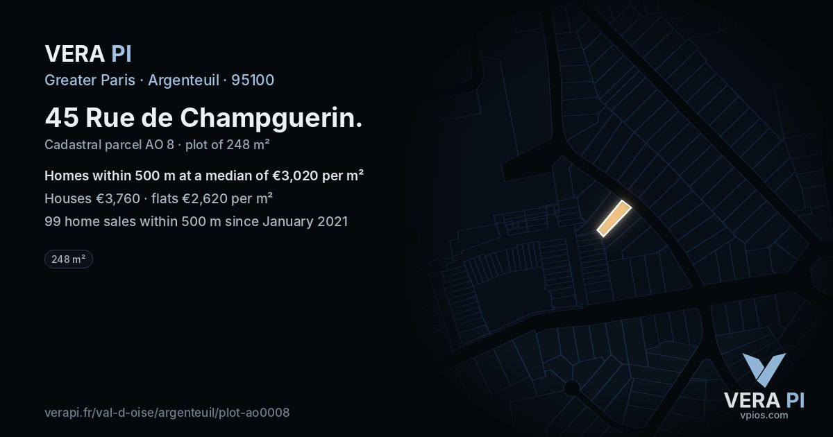 45 Rue de Champguerin, Argenteuil at night – the plot lit, the parcels around coloured by the prices near them