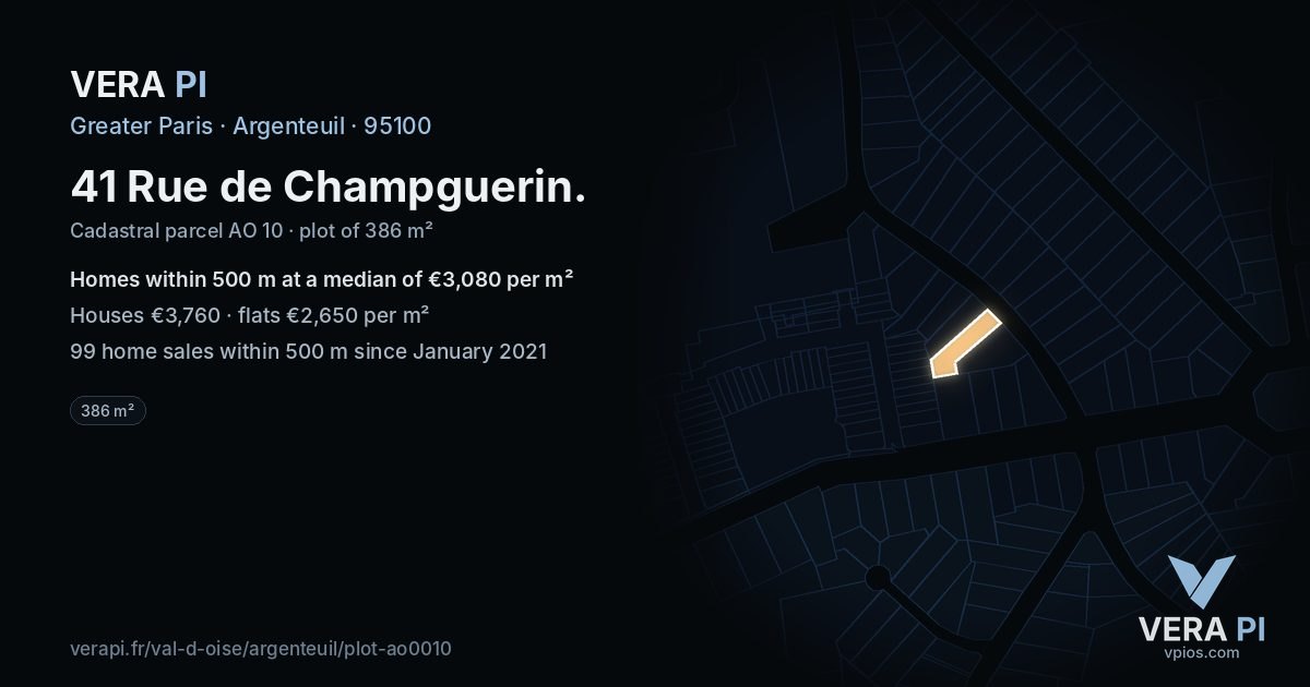 41 Rue de Champguerin, Argenteuil at night – the plot lit, the parcels around coloured by the prices near them