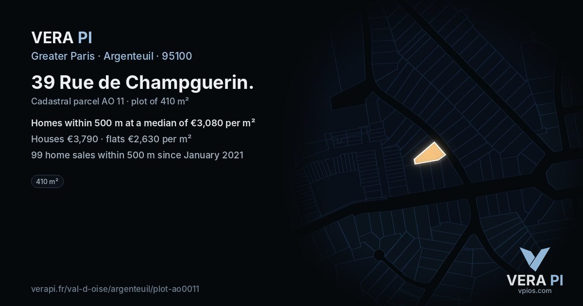 39 Rue de Champguerin, Argenteuil at night – the plot lit, the parcels around coloured by the prices near them