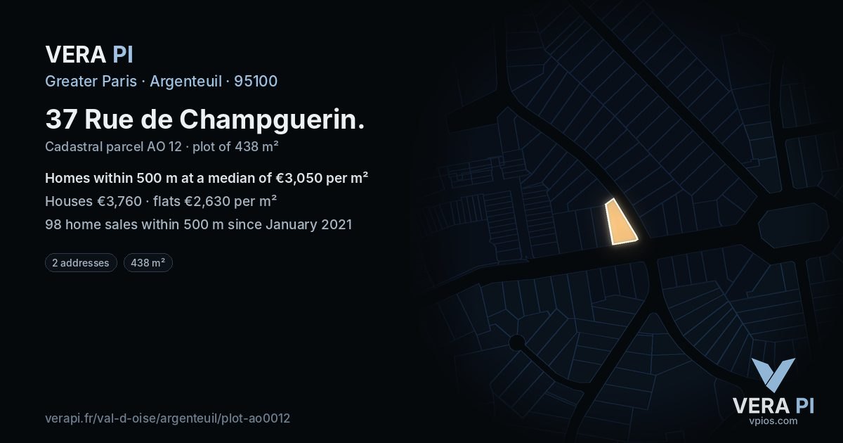 37 Rue de Champguerin, Argenteuil at night – the plot lit, the parcels around coloured by the prices near them