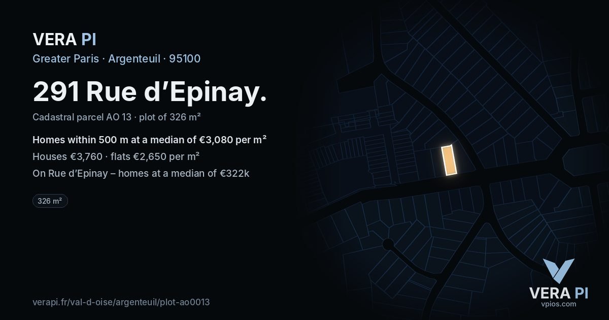 291 Rue d’Epinay, Argenteuil at night – the plot lit, the parcels around coloured by the prices near them