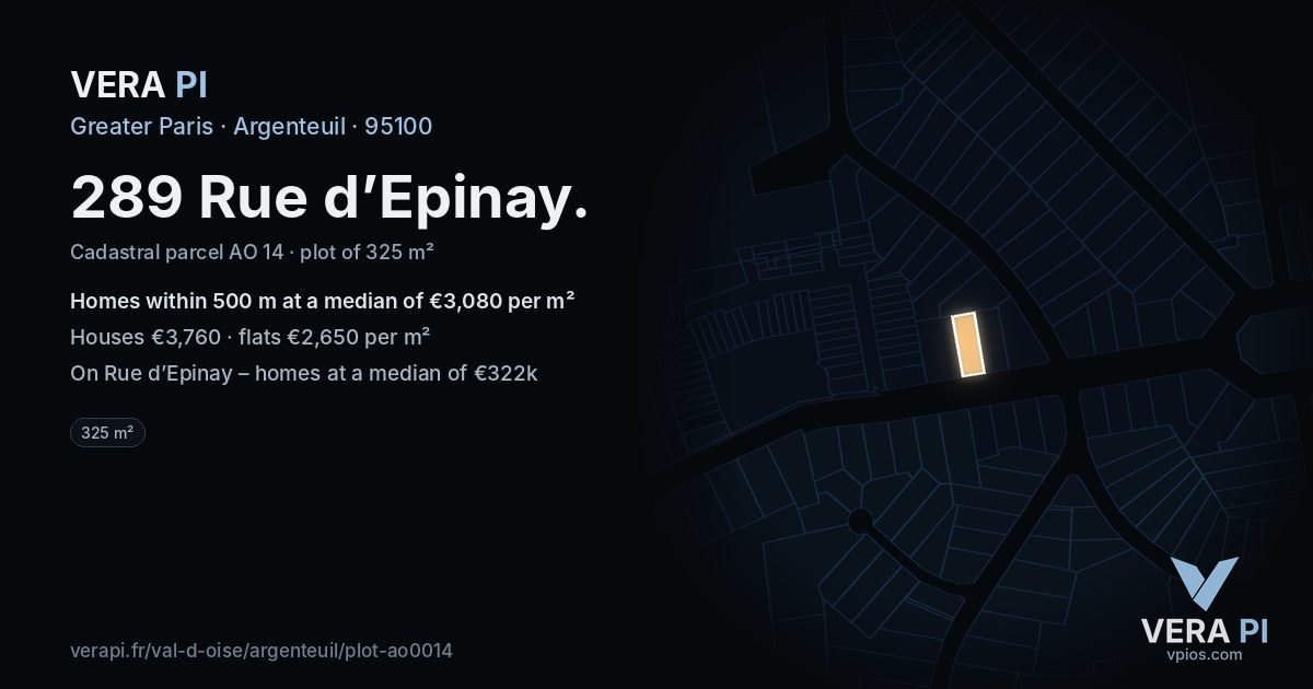 289 Rue d’Epinay, Argenteuil at night – the plot lit, the parcels around coloured by the prices near them