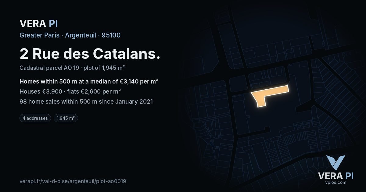 2 Rue des Catalans, Argenteuil at night – the plot lit, the parcels around coloured by the prices near them