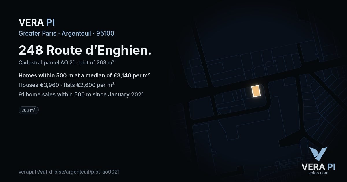 248 Route d’Enghien, Argenteuil at night – the plot lit, the parcels around coloured by the prices near them