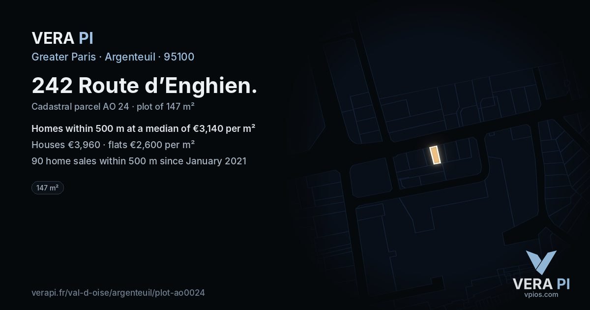 242 Route d’Enghien, Argenteuil at night – the plot lit, the parcels around coloured by the prices near them