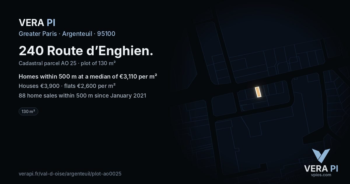 240 Route d’Enghien, Argenteuil at night – the plot lit, the parcels around coloured by the prices near them