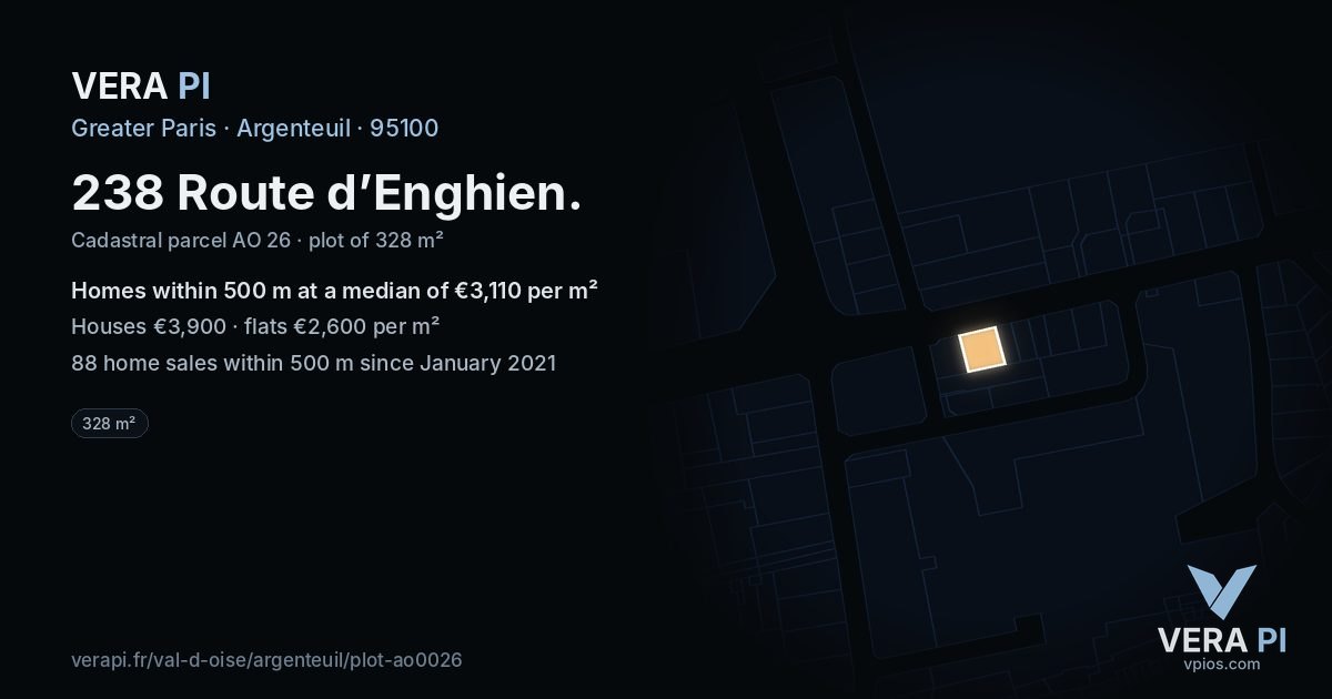 238 Route d’Enghien, Argenteuil at night – the plot lit, the parcels around coloured by the prices near them