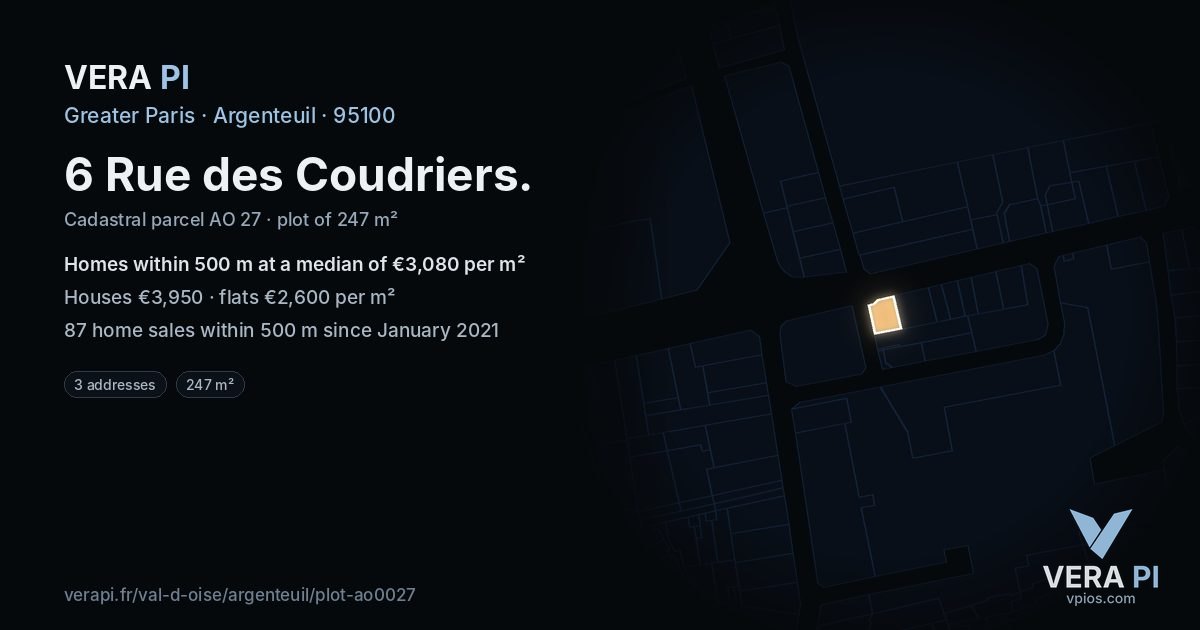 6 Rue des Coudriers, Argenteuil at night – the plot lit, the parcels around coloured by the prices near them