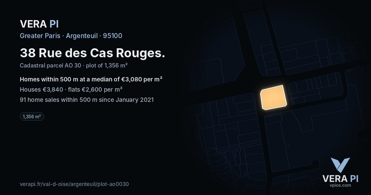 38 Rue des Cas Rouges, Argenteuil at night – the plot lit, the parcels around coloured by the prices near them