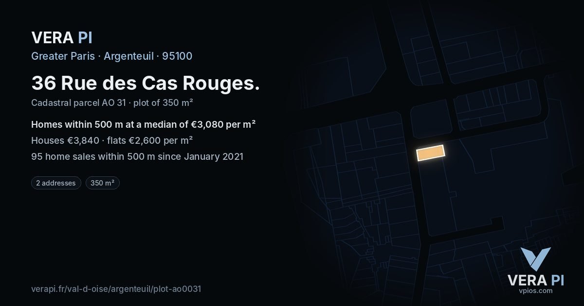 36 Rue des Cas Rouges, Argenteuil at night – the plot lit, the parcels around coloured by the prices near them