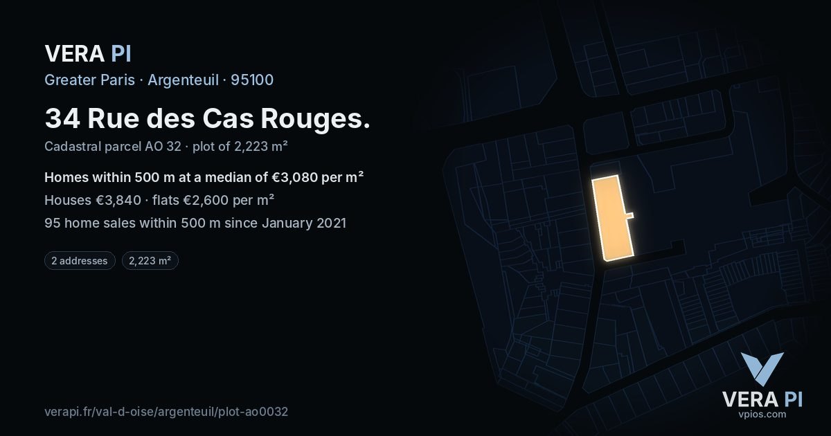 34 Rue des Cas Rouges, Argenteuil at night – the plot lit, the parcels around coloured by the prices near them