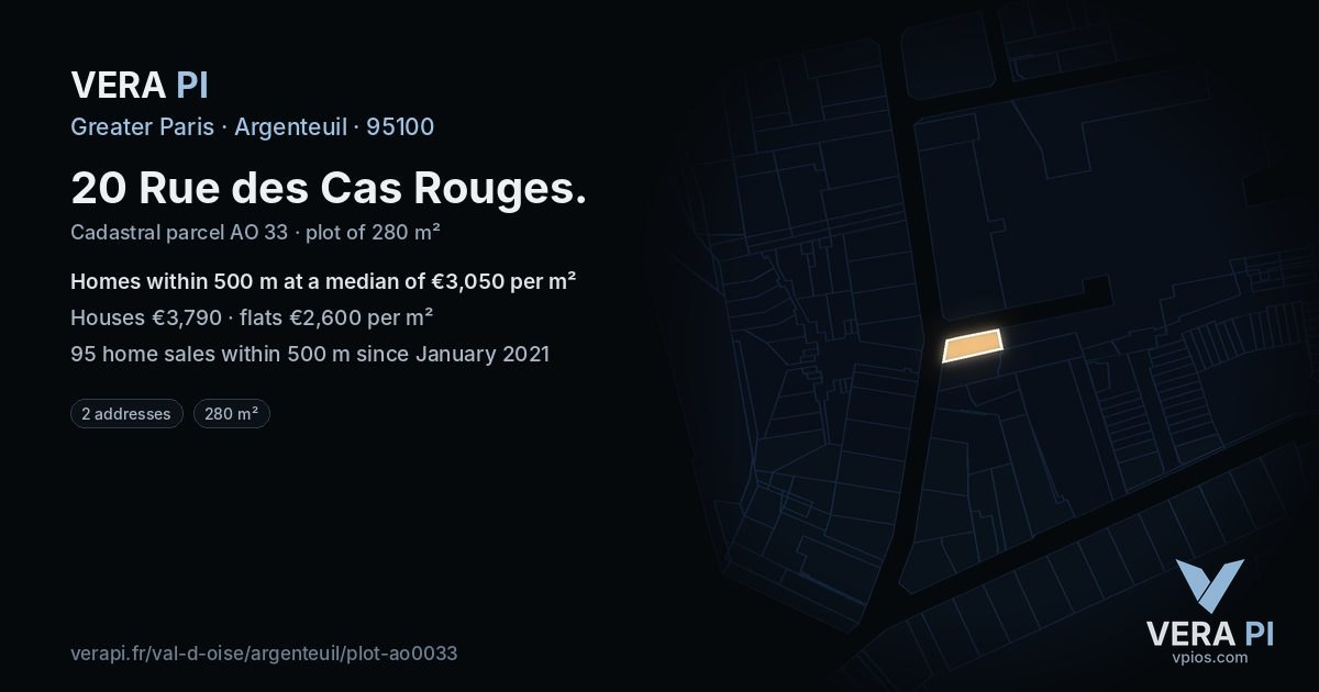 20 Rue des Cas Rouges, Argenteuil at night – the plot lit, the parcels around coloured by the prices near them