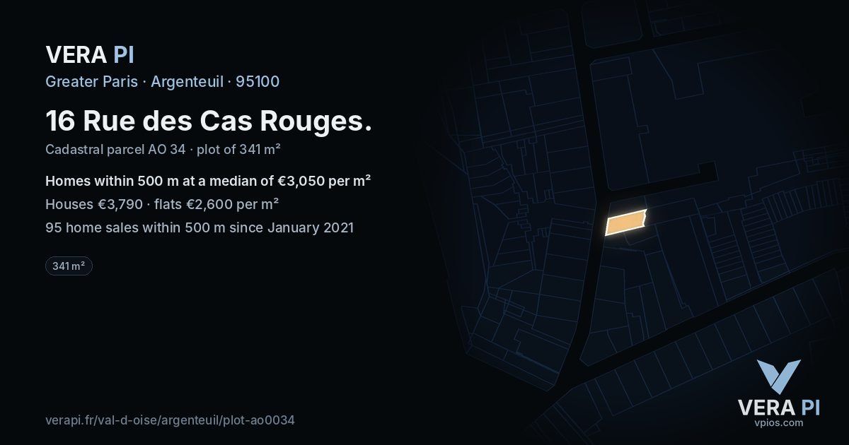 16 Rue des Cas Rouges, Argenteuil at night – the plot lit, the parcels around coloured by the prices near them