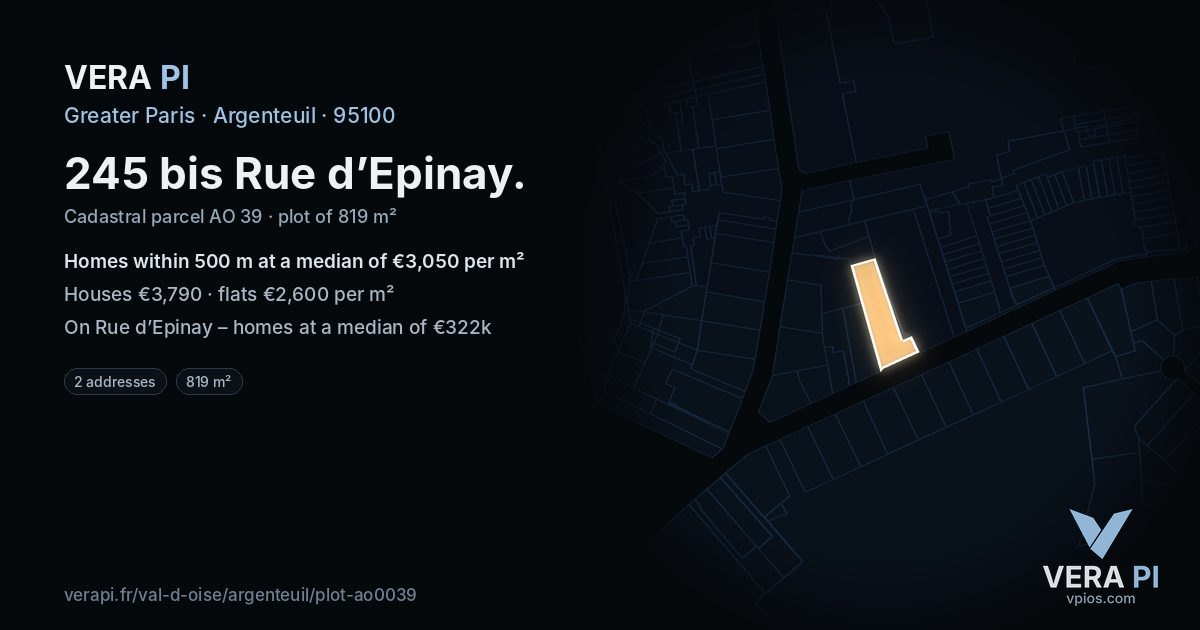 245 bis Rue d’Epinay, Argenteuil at night – the plot lit, the parcels around coloured by the prices near them
