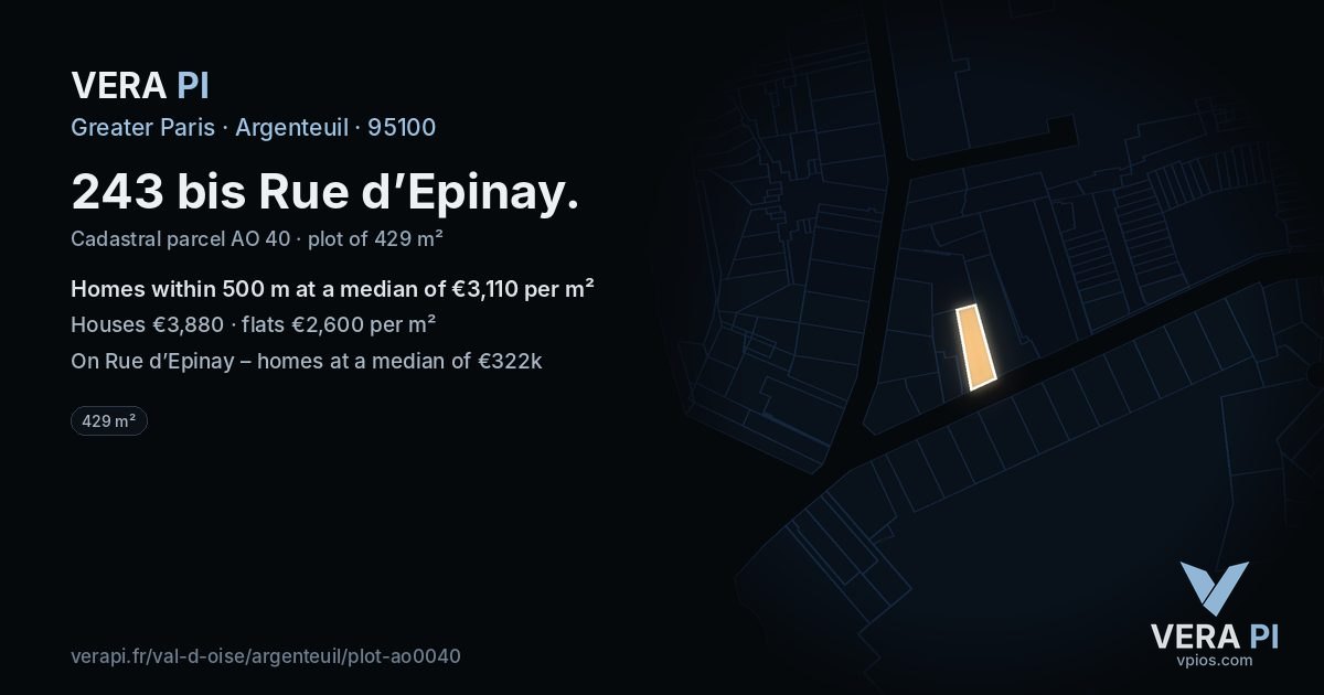 243 bis Rue d’Epinay, Argenteuil at night – the plot lit, the parcels around coloured by the prices near them