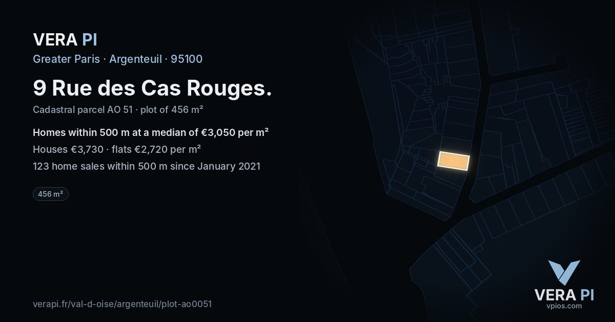 9 Rue des Cas Rouges, Argenteuil at night – the plot lit, the parcels around coloured by the prices near them
