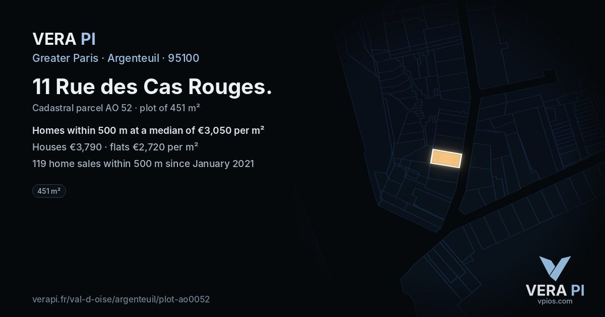 11 Rue des Cas Rouges, Argenteuil at night – the plot lit, the parcels around coloured by the prices near them
