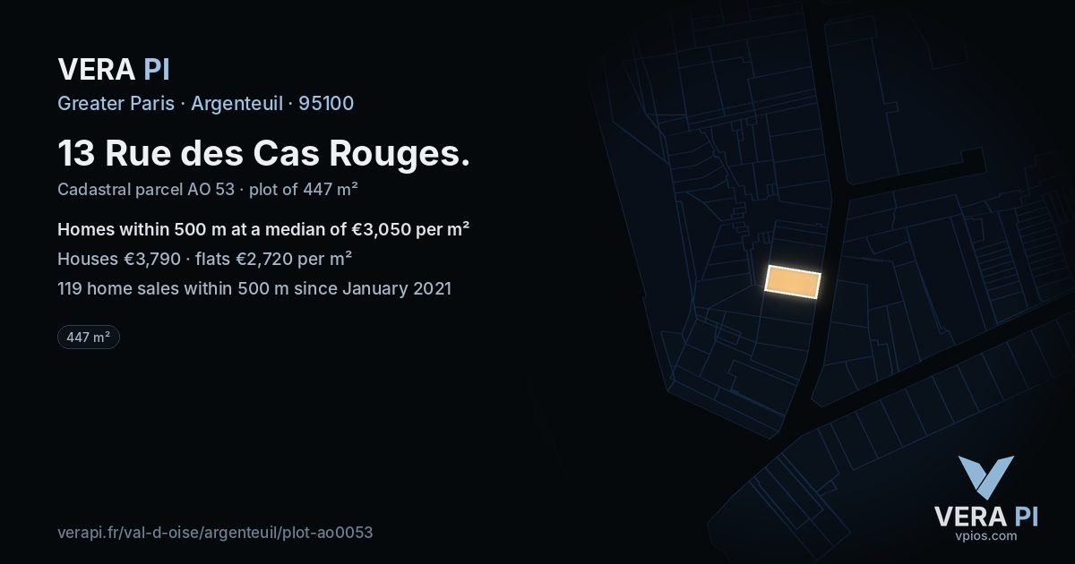 13 Rue des Cas Rouges, Argenteuil at night – the plot lit, the parcels around coloured by the prices near them