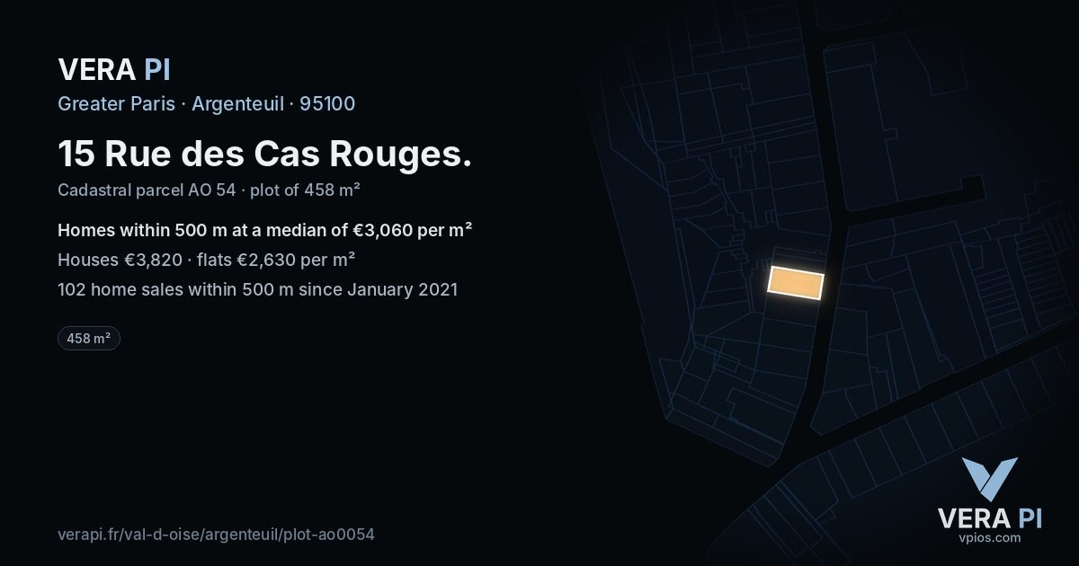 15 Rue des Cas Rouges, Argenteuil at night – the plot lit, the parcels around coloured by the prices near them