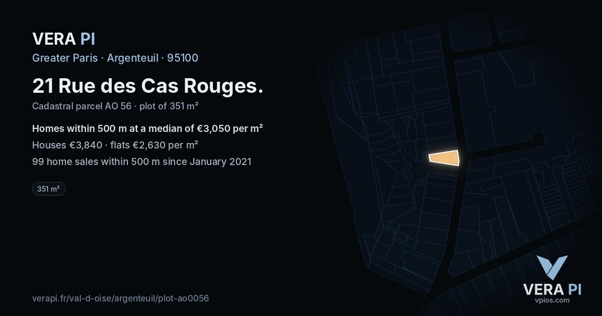 21 Rue des Cas Rouges, Argenteuil at night – the plot lit, the parcels around coloured by the prices near them
