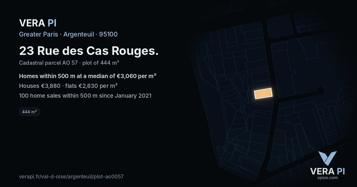 23 Rue des Cas Rouges, Argenteuil at night – the plot lit, the parcels around coloured by the prices near them