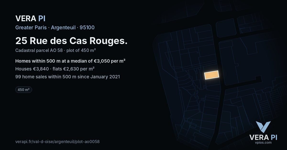 25 Rue des Cas Rouges, Argenteuil at night – the plot lit, the parcels around coloured by the prices near them