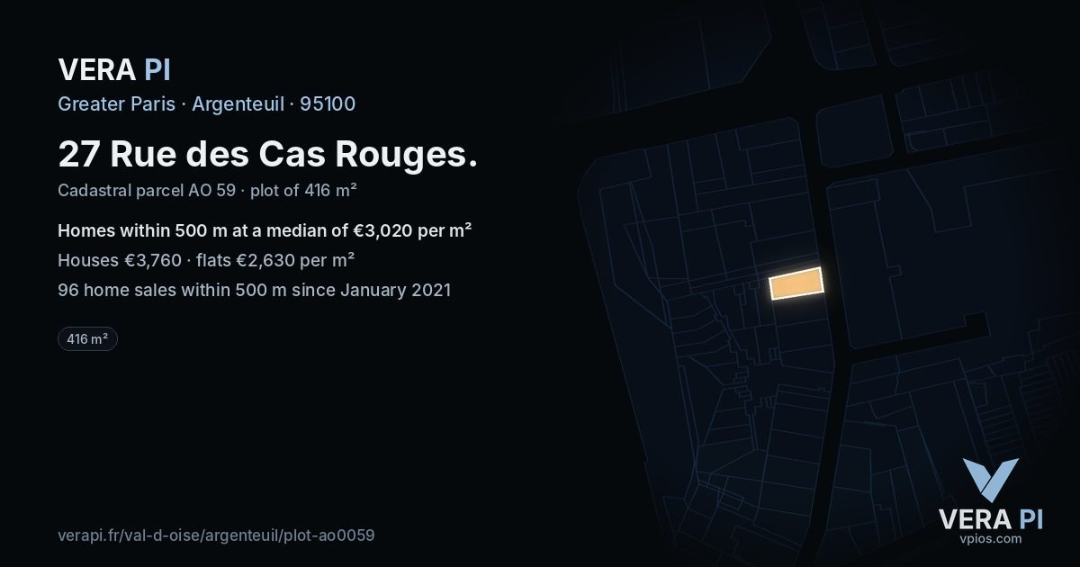 27 Rue des Cas Rouges, Argenteuil at night – the plot lit, the parcels around coloured by the prices near them