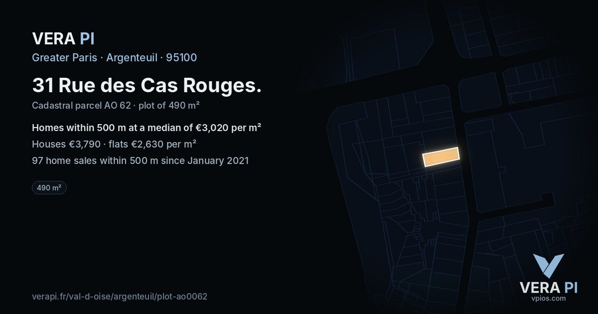 31 Rue des Cas Rouges, Argenteuil at night – the plot lit, the parcels around coloured by the prices near them