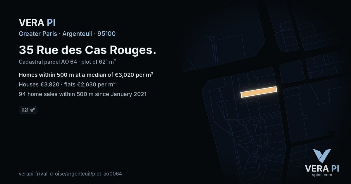 35 Rue des Cas Rouges, Argenteuil at night – the plot lit, the parcels around coloured by the prices near them