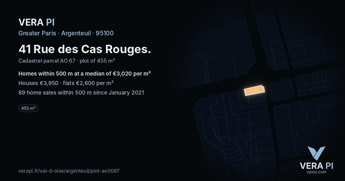 41 Rue des Cas Rouges, Argenteuil at night – the plot lit, the parcels around coloured by the prices near them